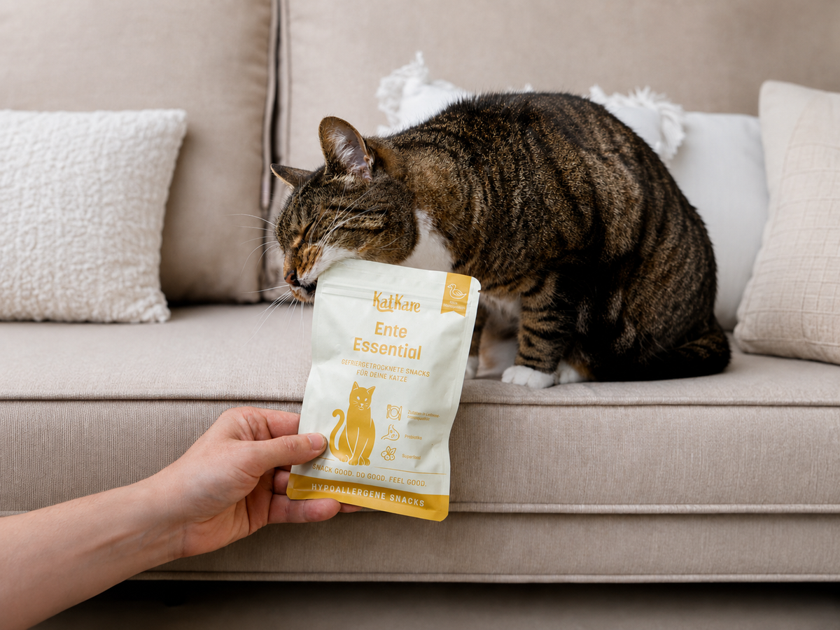 KatKare Essential Snack als Topping über Katzenfutter